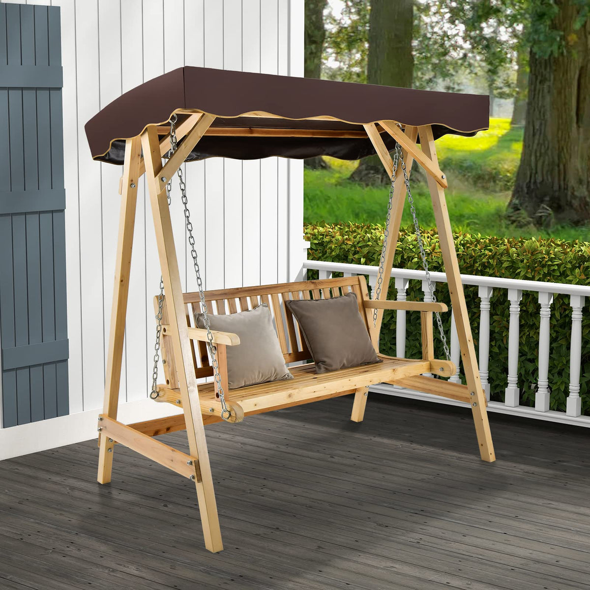 Wooden Garden Swing Chair, Person Canopy Swing w/Weather