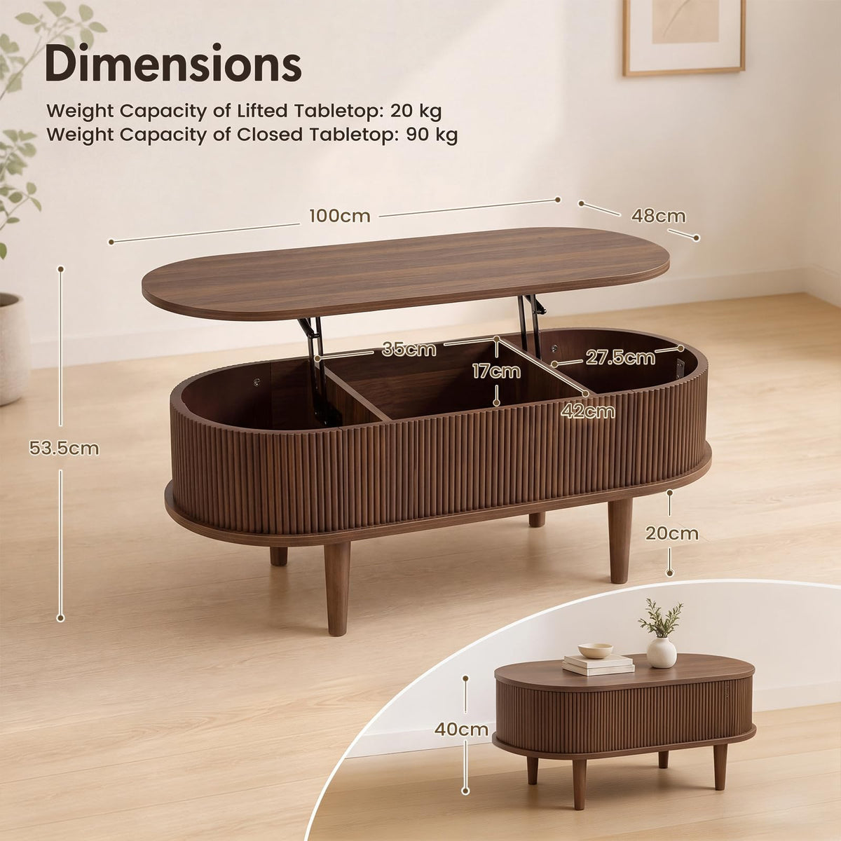 Oval Lift Top Fluted Design Coffee Table with Storage and Raised Wood Feet