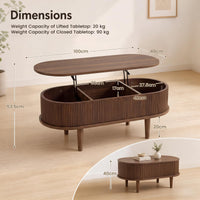 Oval Lift Top Fluted Design Coffee Table with Storage and Raised Wood Feet