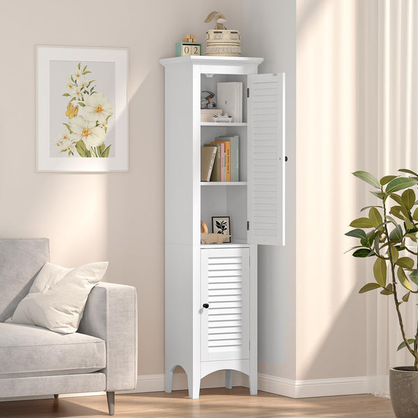 Tall Narrow Bathroom Cabinet with 2 Shutter Doors and Adjustable Shelf