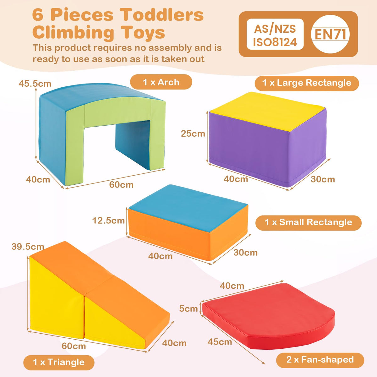 6 Pieces Foam Climbing Blocks with Tunnel Stairs and Ramp for 12 Months+