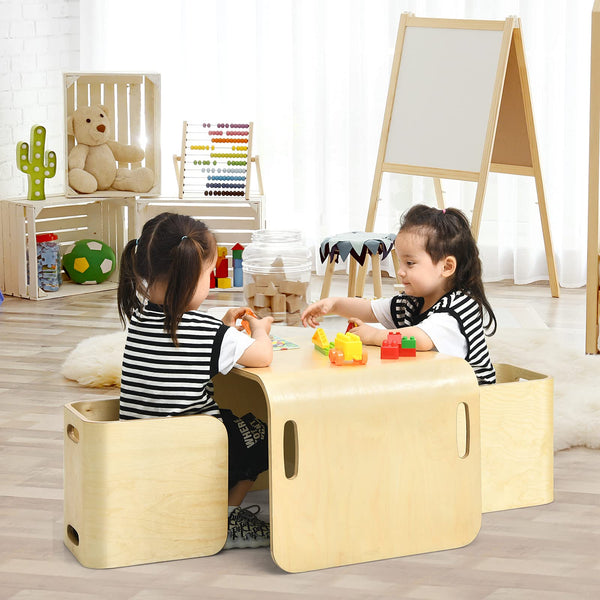 Kids Table and Chair Set, 3 Pieces Wooden Activity Table Bench w/Storage Shelves