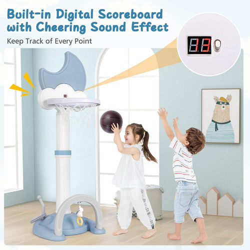 4-In-1 Kids Basketball Hoop, Adjustable Height Kids Sports Center w/Moon-shaped Electronic Scoreboard Ring Toss