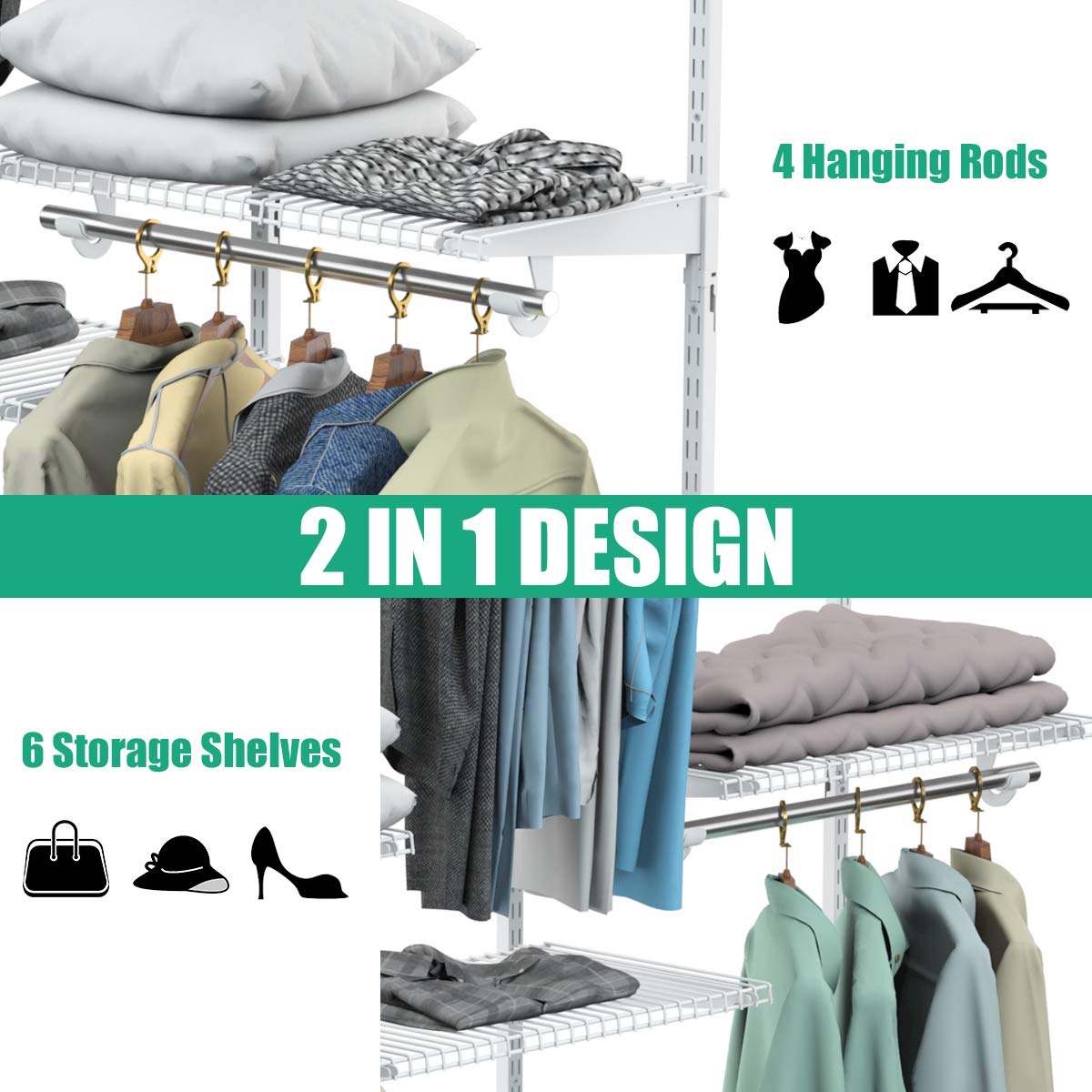 Giantex Custom Closet Organizer, Smart Closet Organizer System, Metal Hanging Storage Organizer Rack