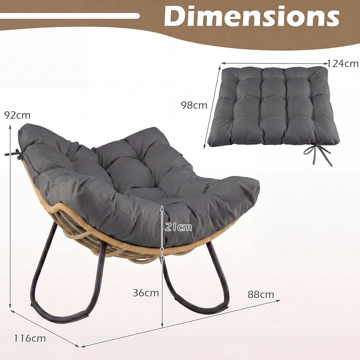 Outdoor Papasan Rocking Chair, Oversized PE Wicker Patio Egg Chair
