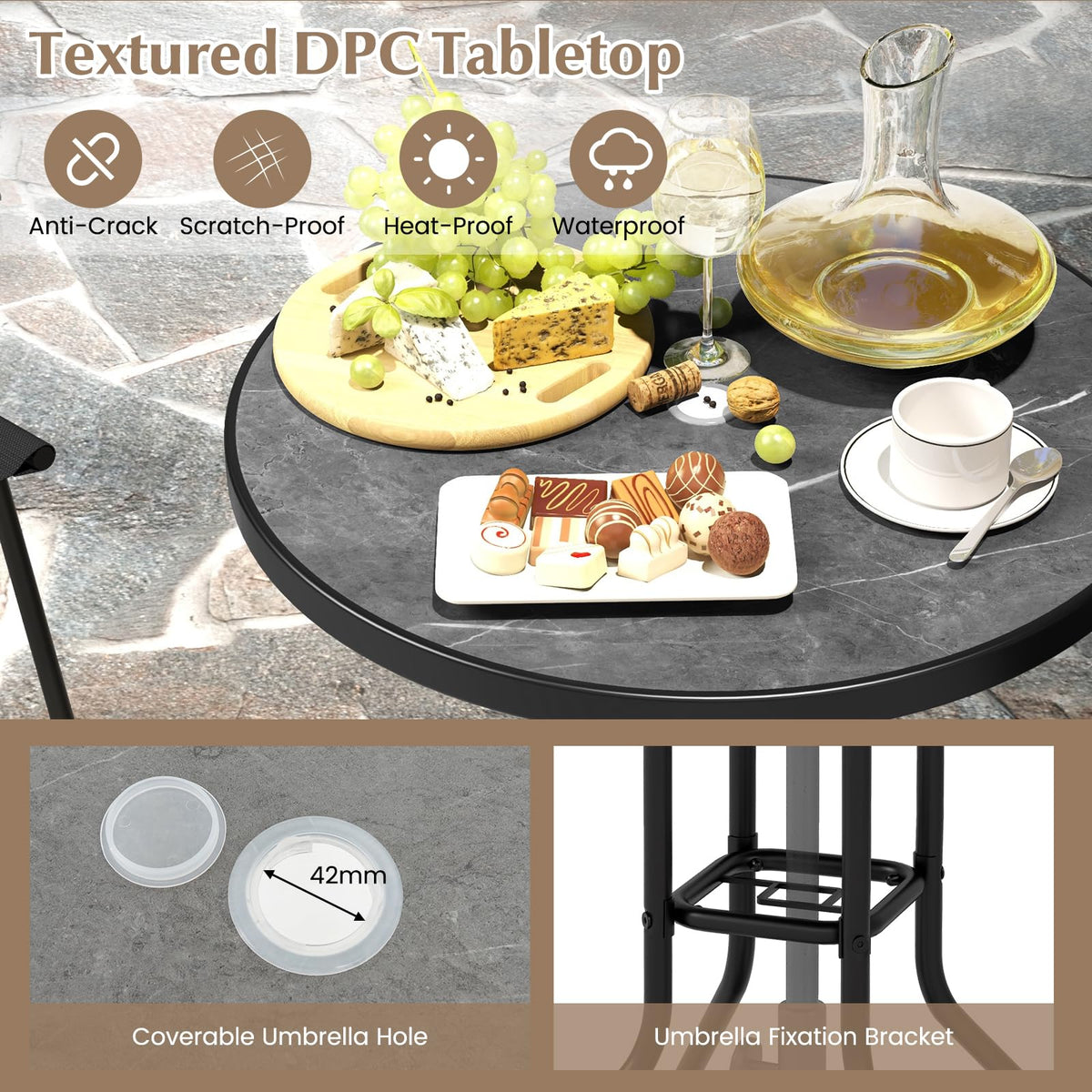 3 PCS Outdoor Bar Stool Set, Bistro Furniture with DPC Tabletop