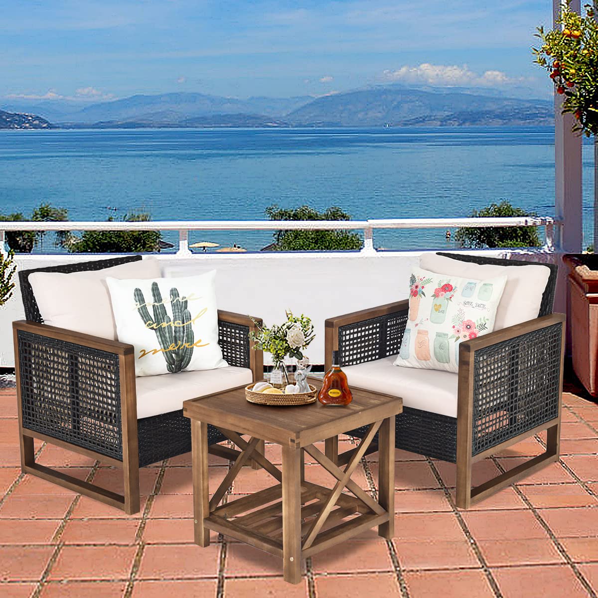 3 Pieces Outdoor Wooden Furniture Bistro Set with Cushioned Sofas