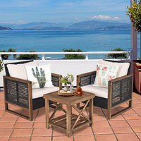 3 Pieces Outdoor Wooden Furniture Bistro Set with Cushioned Sofas
