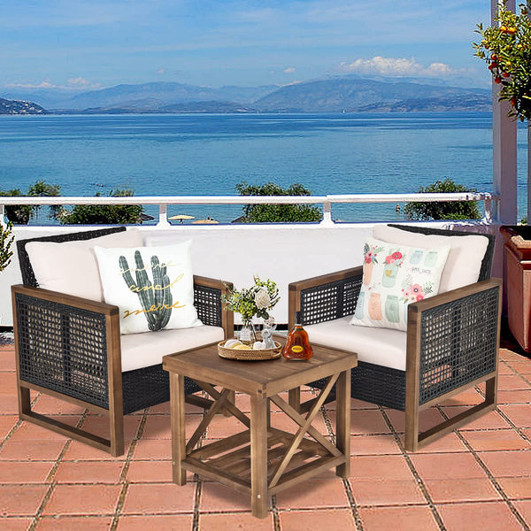 3 Pieces Outdoor Wooden Furniture Bistro Set with Cushioned Sofas
