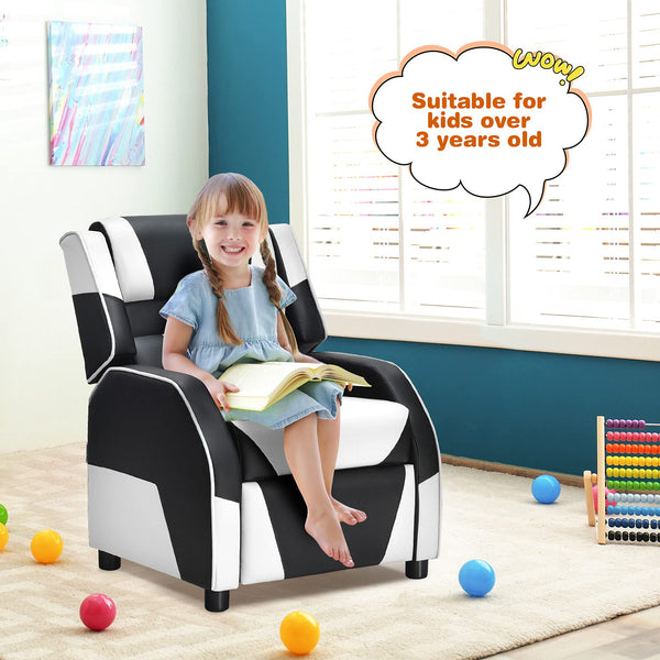 Kids Recliner Chair, Adjustable Recliner Sofa w/Footrest, Headrest & Lumbar Support, w/ Padded Seat, White & Black