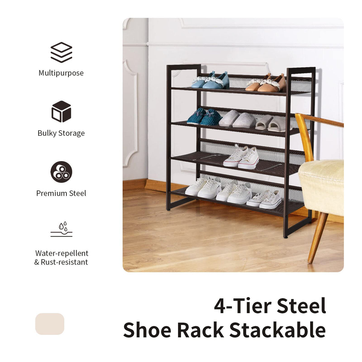 Giantex Shoe Rack, 4-Tier Iron Shoe Shelf, Space Saving Layered Shoes Shelving, Freestanding Assembled Shoes Storage Organizer