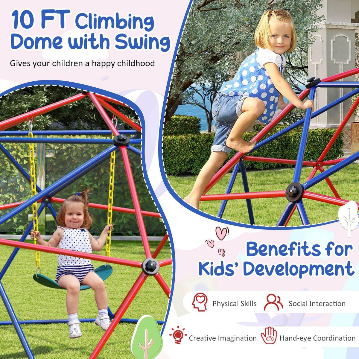 3m Kids Climbing Dome with Swing Outdoor Jungle Gym Climber