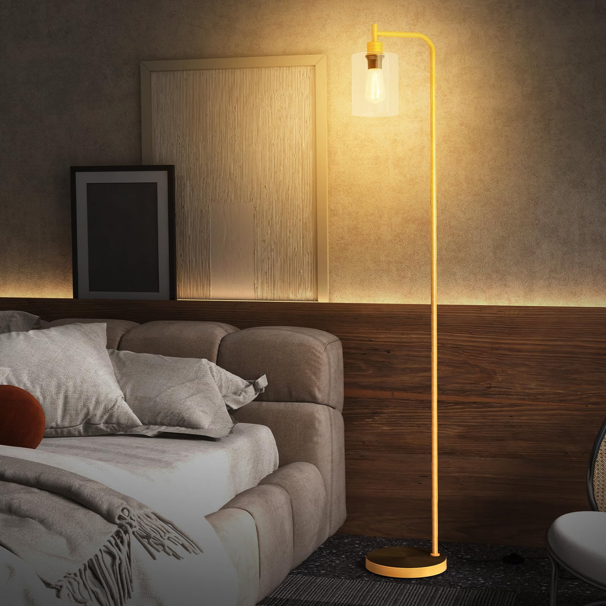Industrial Floor Lamp with Hanging Glass Lampshade and Foot Switch