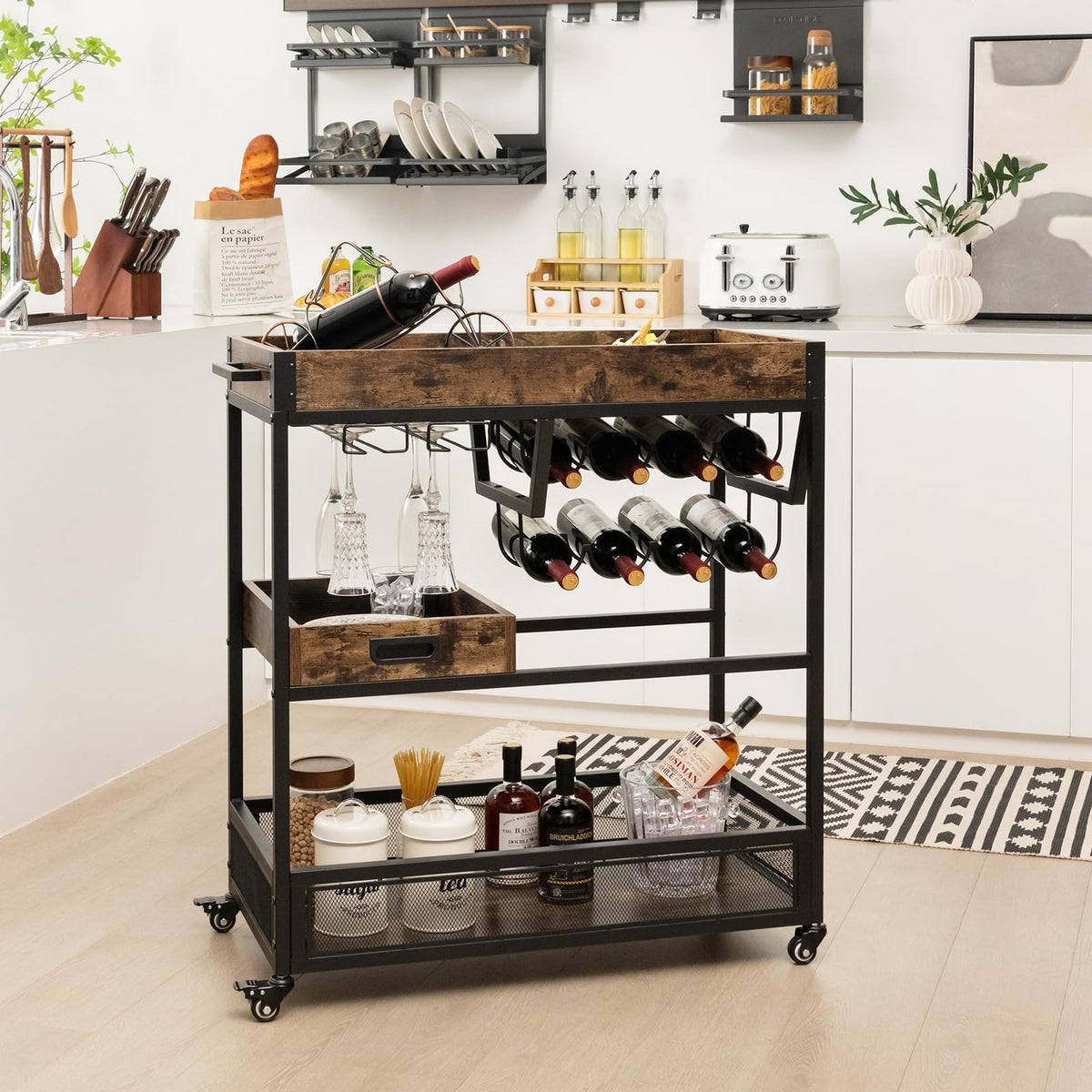 Giantex Rolling Bar Cart, 3-Tier Industrial Buffet Serving Cart with Wine Rack