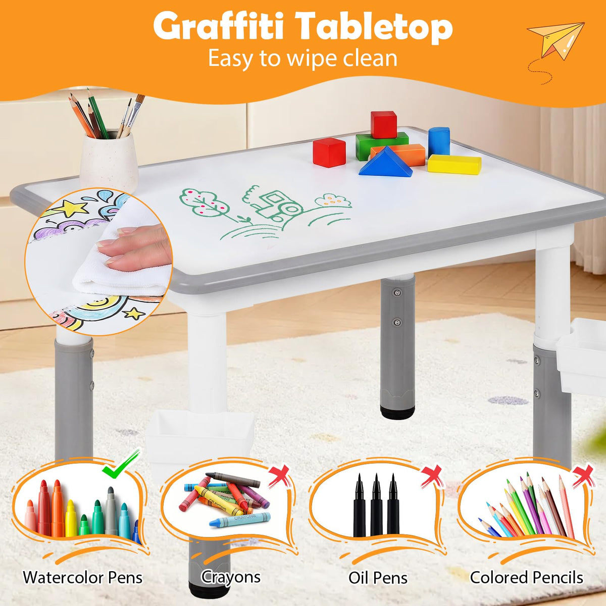 Kids Table and 4 Chairs Set, Height Adjustable Toddler Desk and Chair Set