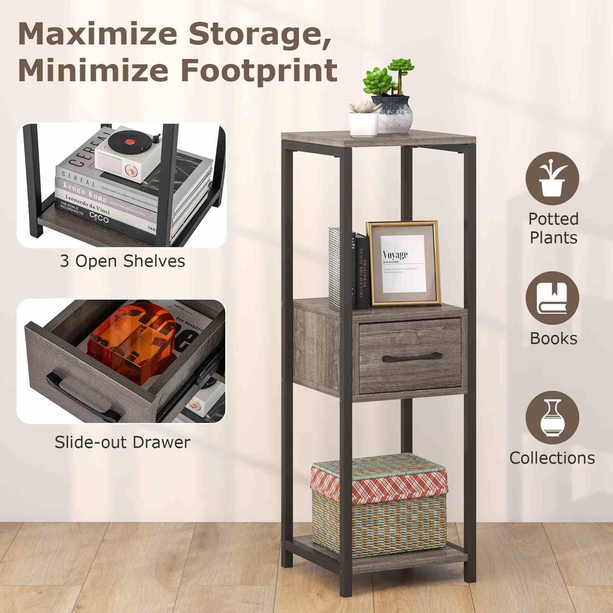 2 Pack 3 Tier Tall Metal Plant Stand with Drawer