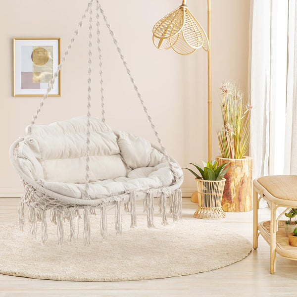 Hand-Woven Rope Hanging Swing Chair with Thick Cushion and Folding Metal Frame