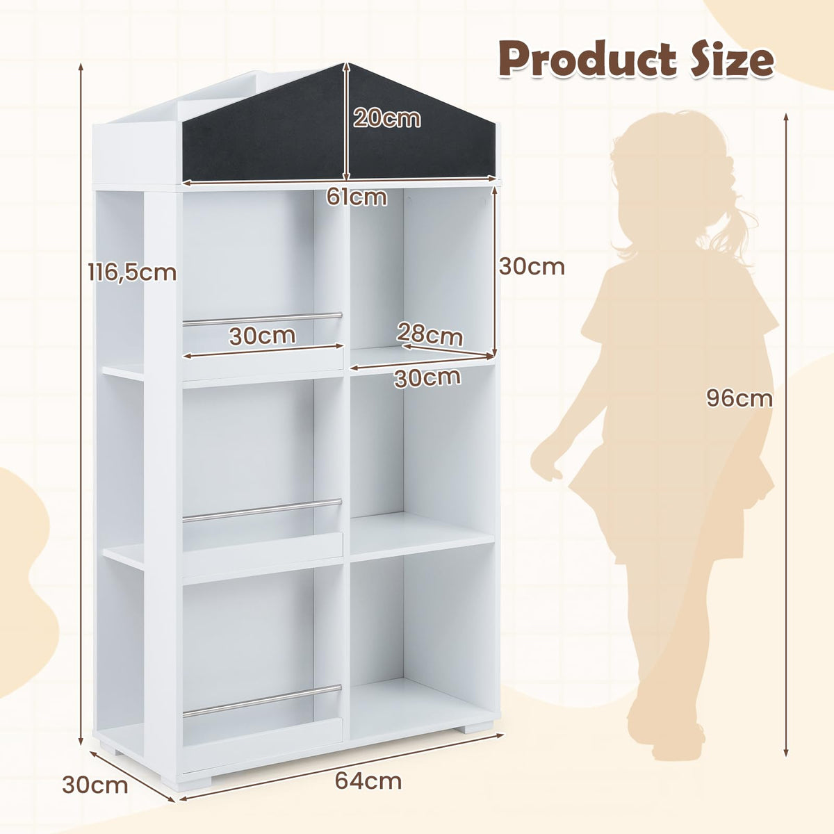 House Shaped Kids Bookshelf, Toy Storage Organizer w/Compartments & Chalkboard