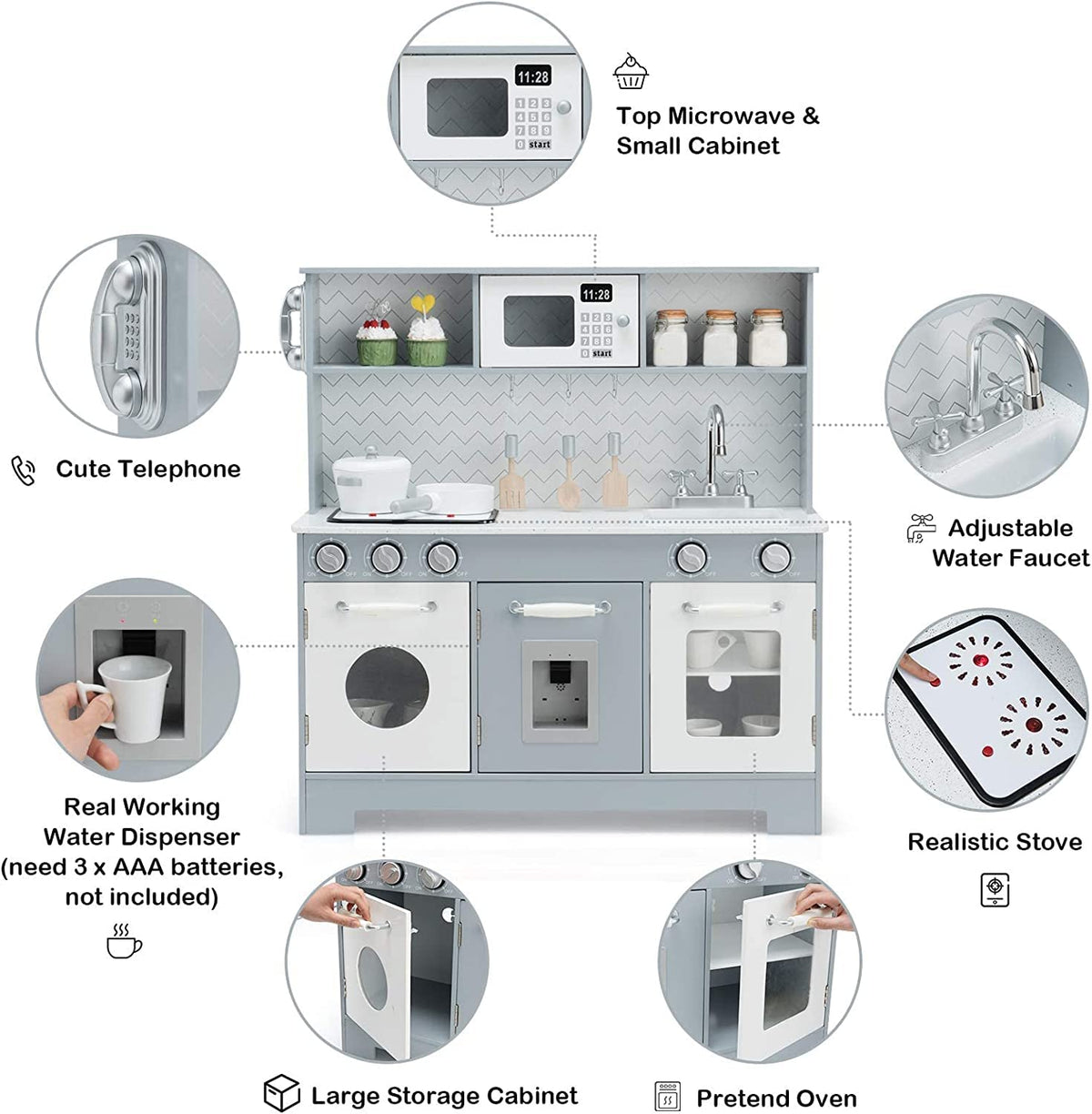 Wooden Pretend Kitchen Playset with Accessories for Kids