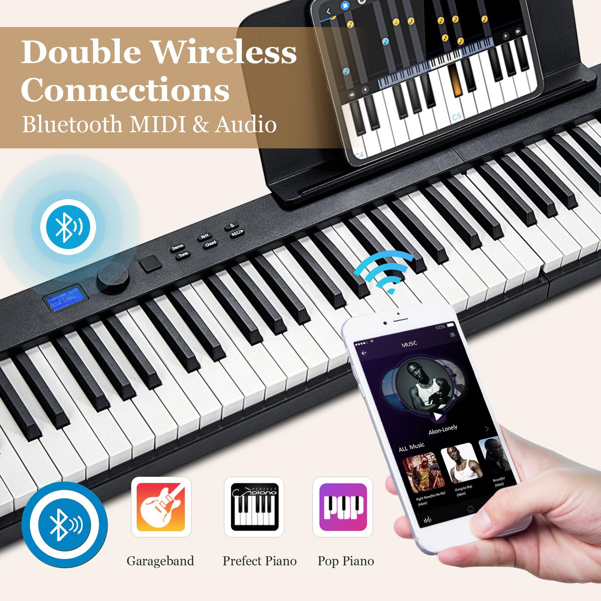 88-Key Foldable Digital Piano with MIDI & Wireless BT & Bag