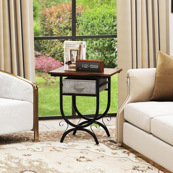 Side Table with Fabric Drawer, Nightstand with Carved Metal Frame