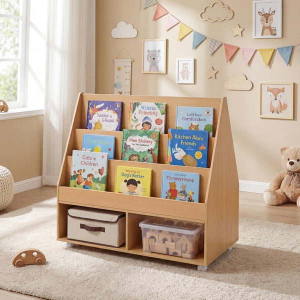 Double-Sided Kids Bookshelf on Wheels with Chalkboard and Open Cubes