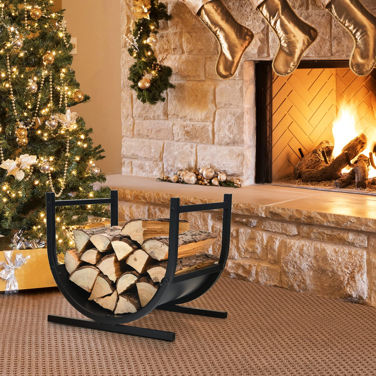 U-Shaped Firewood Rack with Handles for Fireplace Log Storage