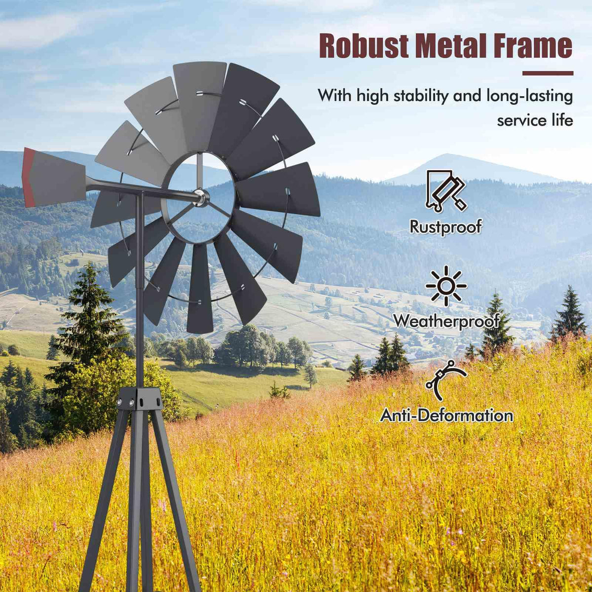 253cm Ornamental Windmill with 4 Support Legs for Backyard, Garden, Farm