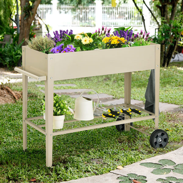 Raised Garden Bed with Legs, Elevated Planter Box on Wheels with Storage Shelf