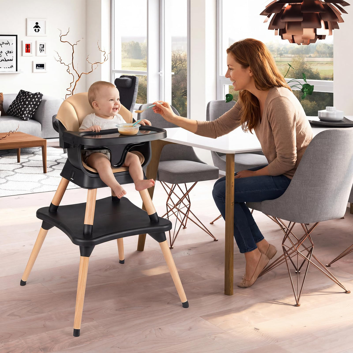 9-in-1 Convertible High Chair with Solid Wood Legs and Removable Dishwasher-Safe Tray
