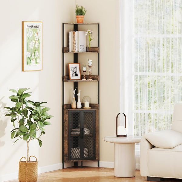 170cm Tall Corner Bookshelf with Cabinet and Doors for Living Room and Bedroom