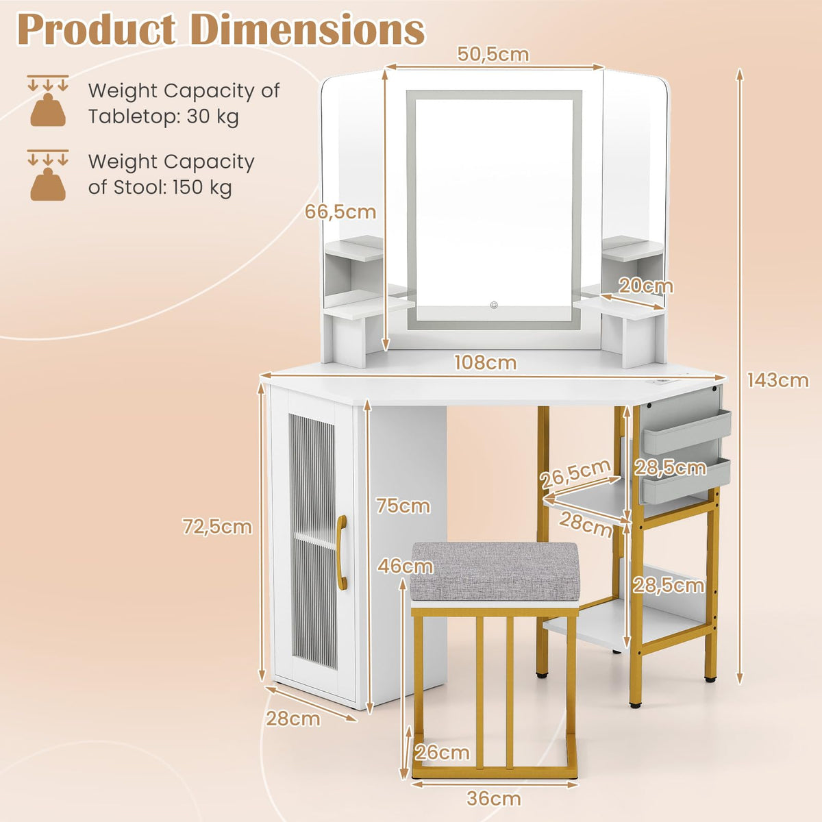 Makeup Vanity Desk with Mirror and Lights Corner Dressing Table