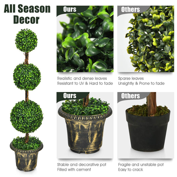 Giantex Topiary Artificial Tree, 120cm Triple Ball Tree w/UV & Water Protection, Cement-filled Pot, Real Wood Rattan