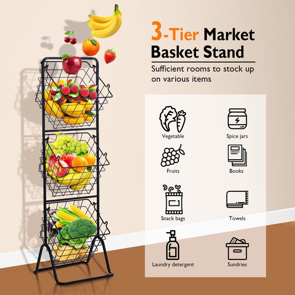Giantex 3-Tier Fruit Basket Stand, 50kg Capacity Kitchen Metal Market Basket Stand w/ 3 Removable Hanging Wire Bowls, Adjustable Heights