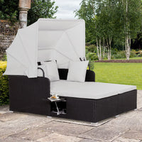 Outdoor Rattan Daybed W/Retractable Canopy, Washable Cushion & Pillow