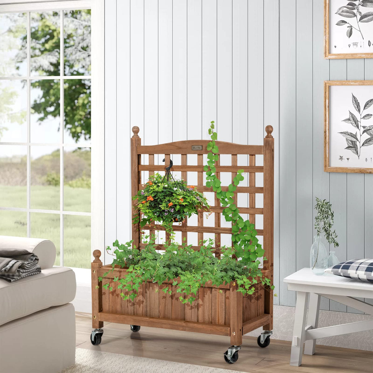 Giantex Mobile Plant Raised Bed, Solid Wood Planter Bed w/ High Lattice Trellis