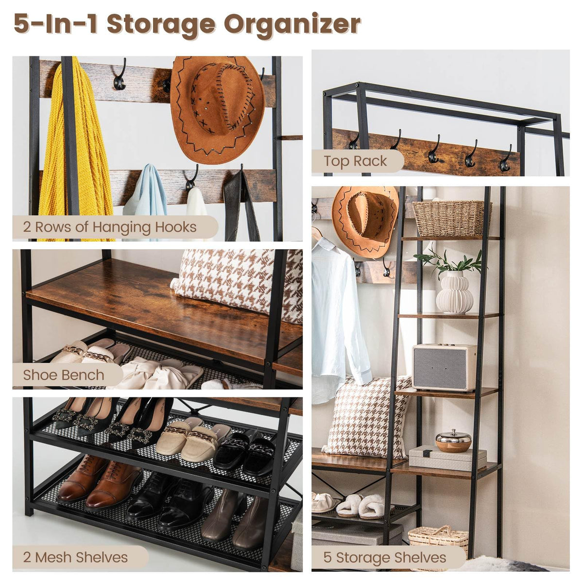 Hall Tree with Storage Bench with 9 Hooks 5 Side Shelves and 2 Mesh Shelves