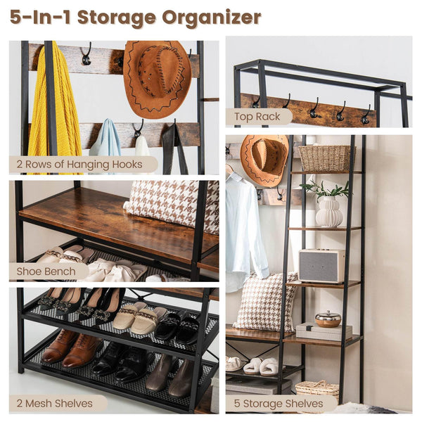 Hall Tree with Storage Bench with 9 Hooks 5 Side Shelves and 2 Mesh Shelves