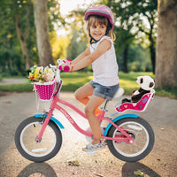 14" Kids Bicycle w/Training Wheels & Front Handbrake, Kids Bike with Doll Seat & Basket