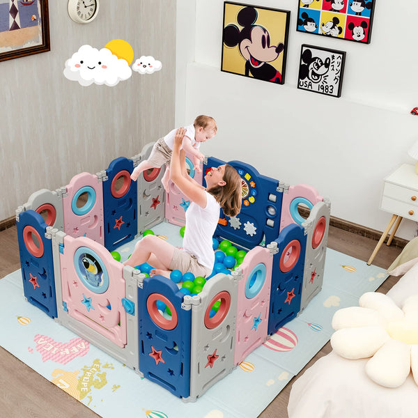 14/16/18 Panel Foldable Baby Playpen, Indoor Outdoor Rocket Baby Fence with Game Panel