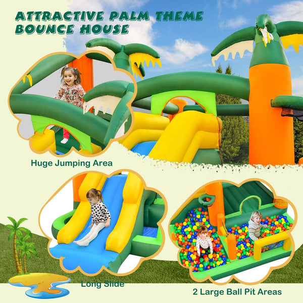 8-in-1 Kids Inflatable Bounce House, Tropical Palm Theme Jumping Castle w/2 Ball Pit Pools