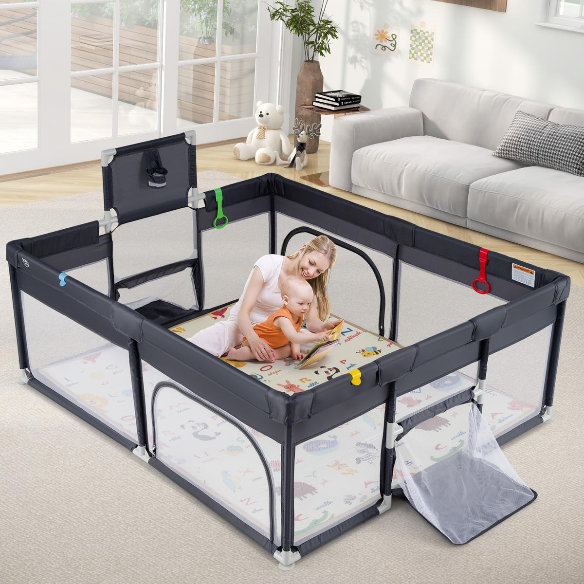 185×155 cm Large Baby Playpen Playard with Basketball Hoop and Soccer Gates