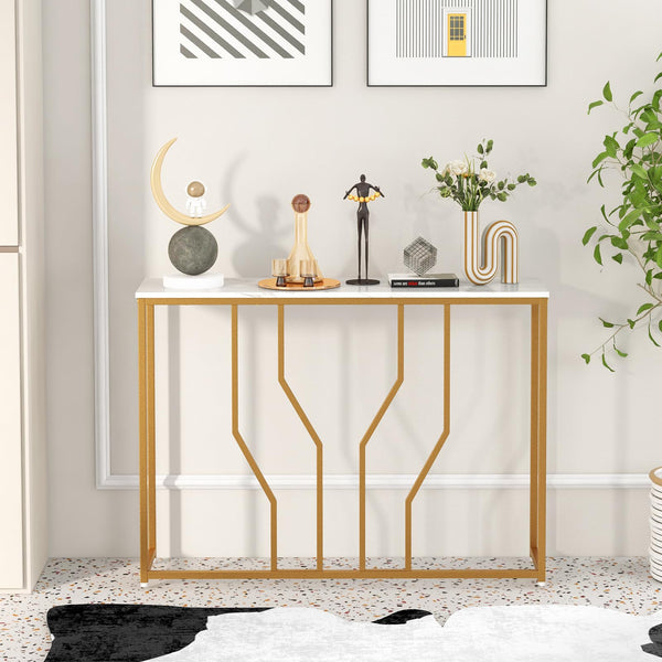 Giantex Gold Console Table, 110 cm Modern White Entryway Table with Faux Marble Tabletop