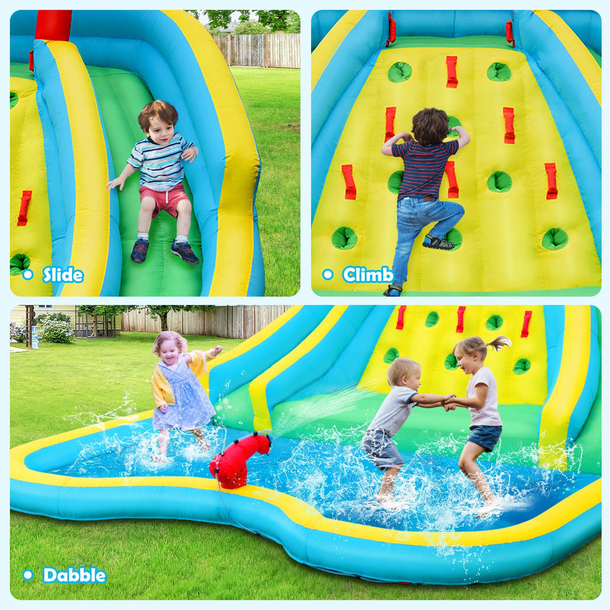 Inflatable Water Slide, 452 x 365 x 233CM Giant Water Park for Kids w/Double Long Slides, Climbing Wall(with 680W Blower)