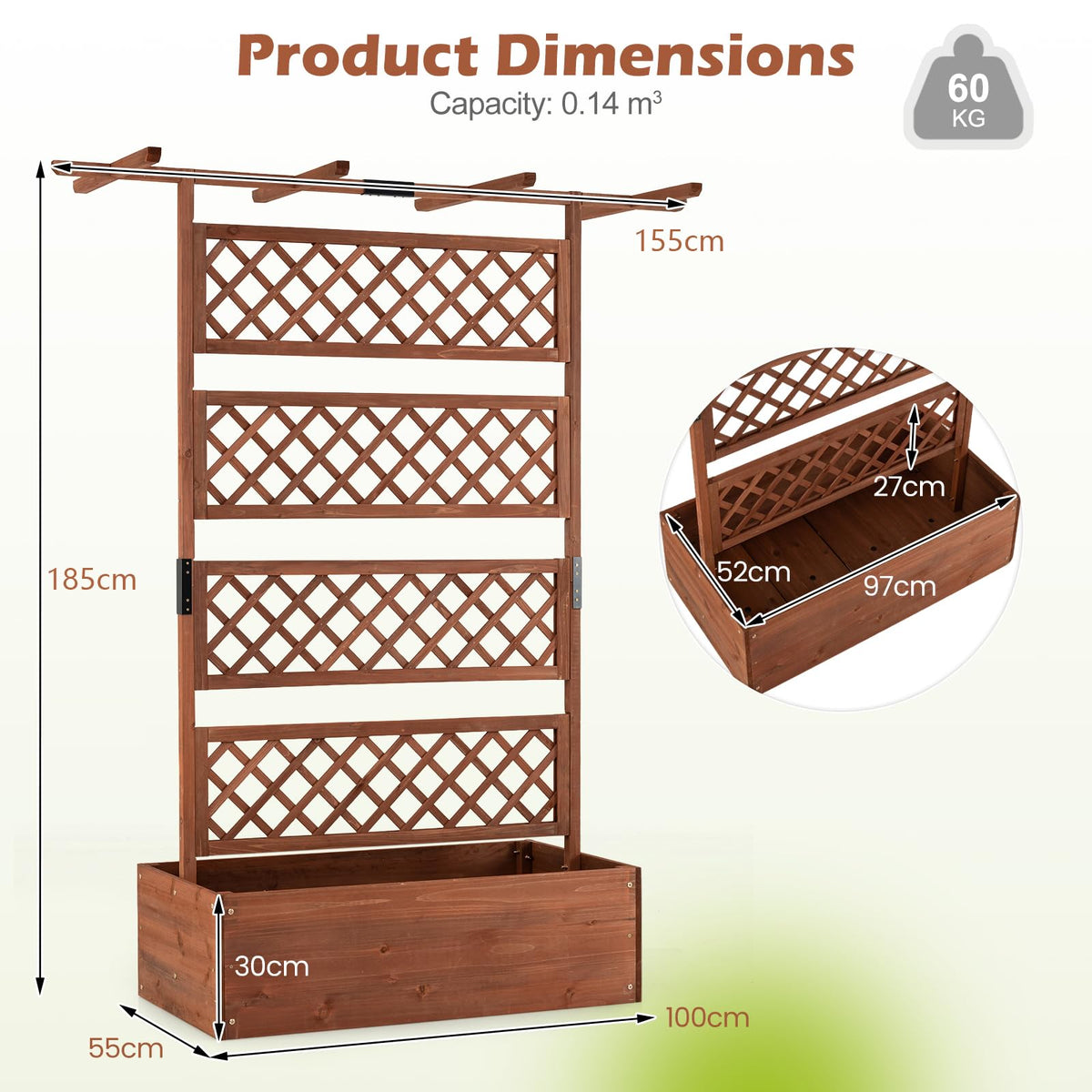 185cm Planter Box with Trellis and Flat Roof for Climbing Plants