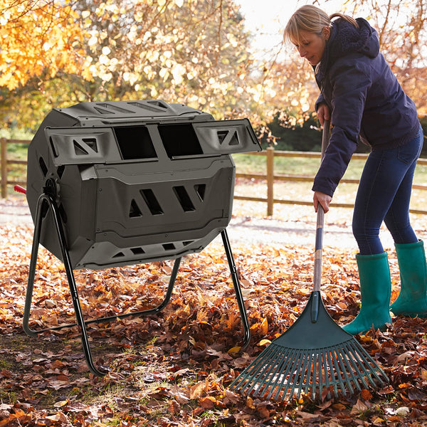 Outdoor Tumbling Composter, 160 L Portable Garden Compost Bin W/Dual Chamber, 2 Sliding Doors & Solid Steel Frame