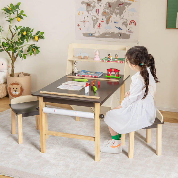 Kid's Wooden Art Table and 2 Chairs Set wiht 2-Tier Open Shelf