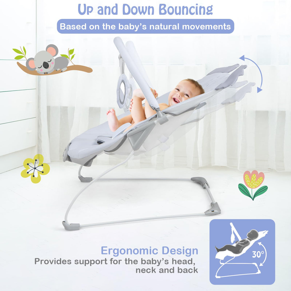 Portable Baby Bouncer, Infant Rocker Seat w/Detachable Toy Bar, Machine Washable Cover, Music & Vibration