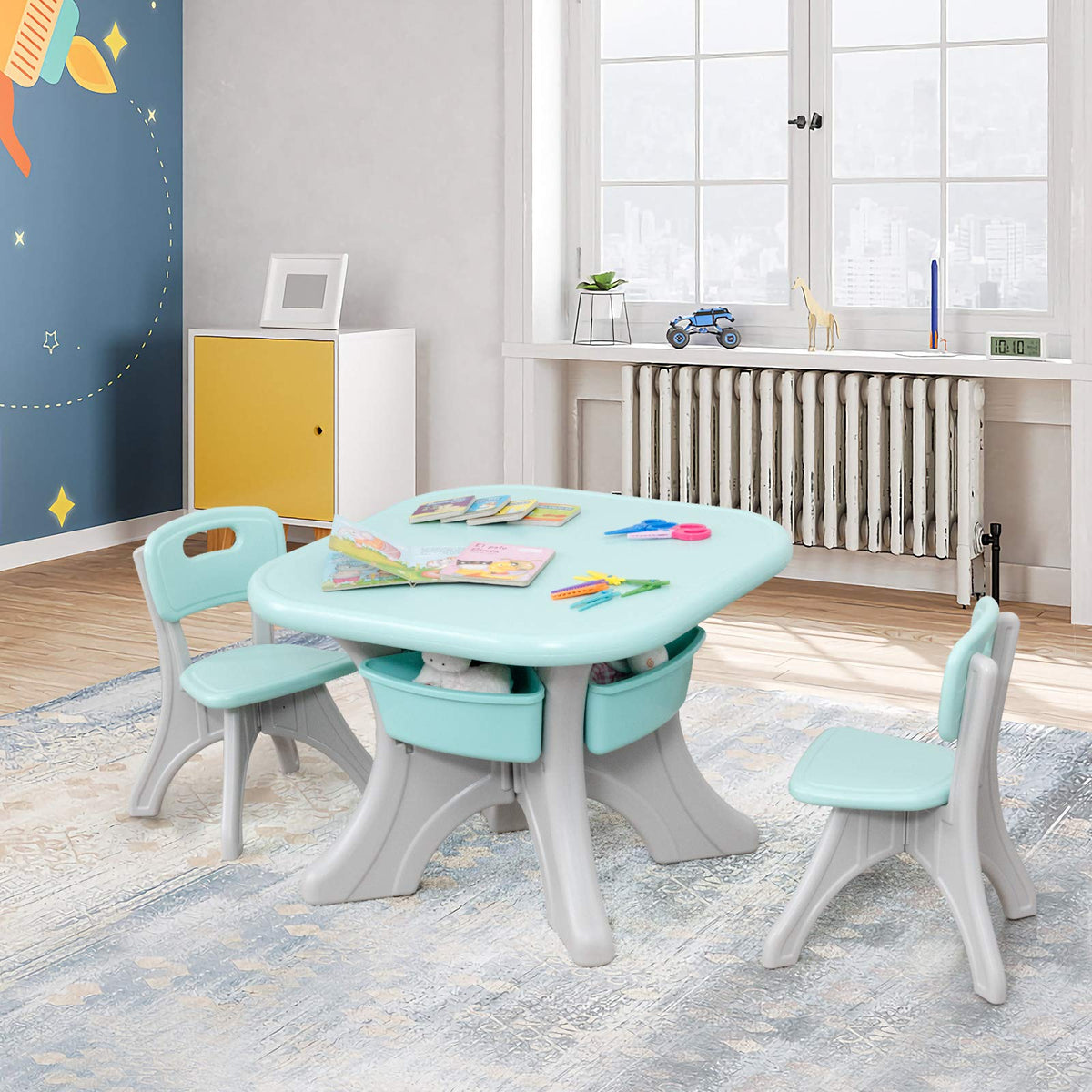 Kids Table Set, 3PCS w/ 1 Table & 2 Chairs & 4 Detachable Storage Boxes