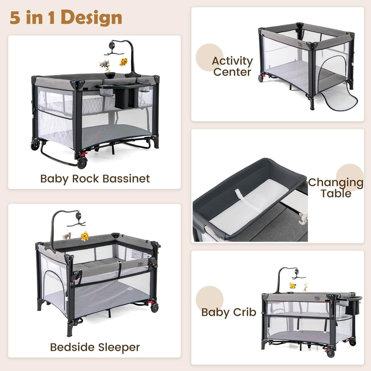 5-in-1 Baby Pack and Play with 4-Level Adjustable Height and Changing Table